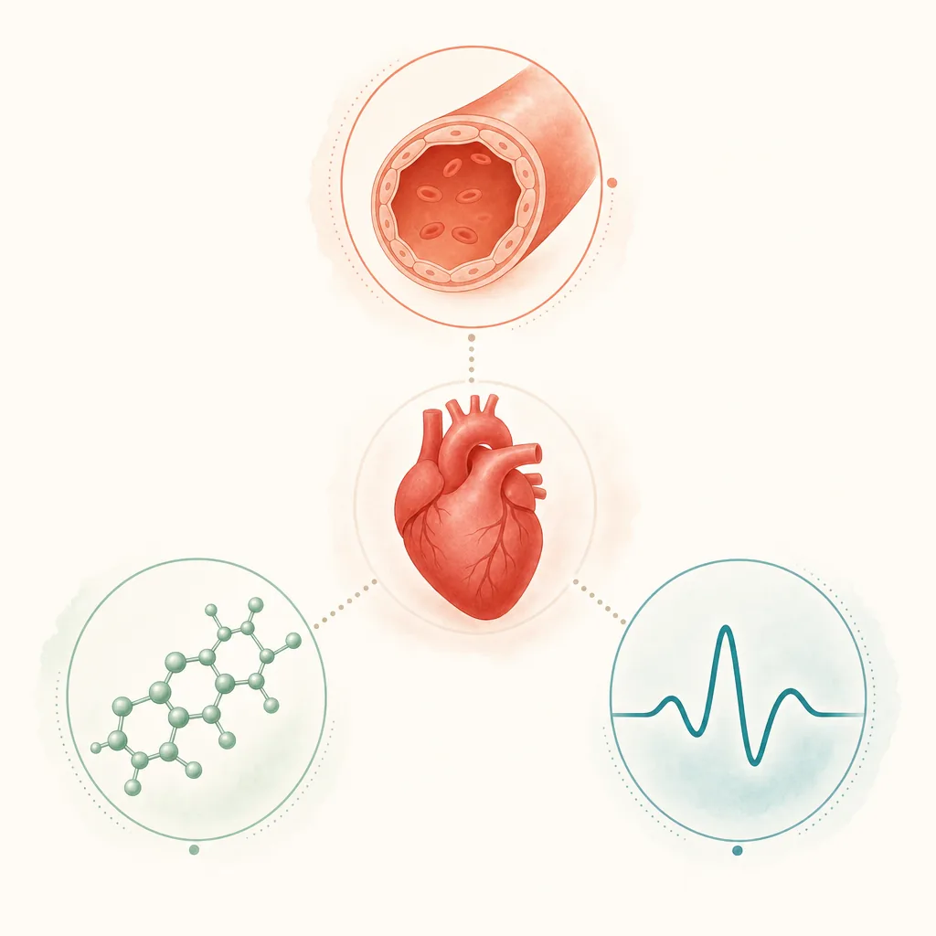 Ilustración estilizada de los tres ejes de acción de Cardiotens Plus sobre la potencia y energía masculina