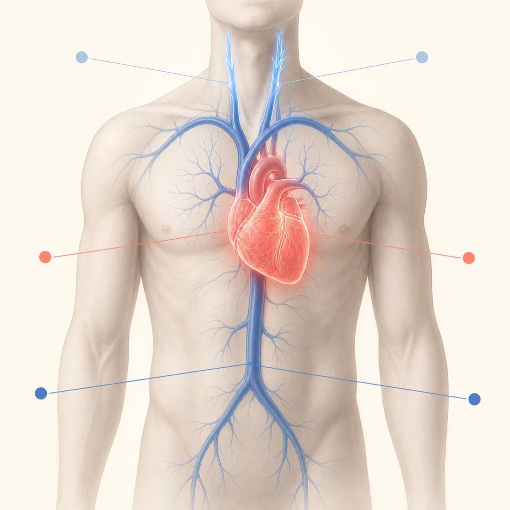 Ilustración estilizada de los tres ejes de acción de Cardivit — vasodilatación endotelial, reducción de colesterol LDL y prevención de calcificación arterial