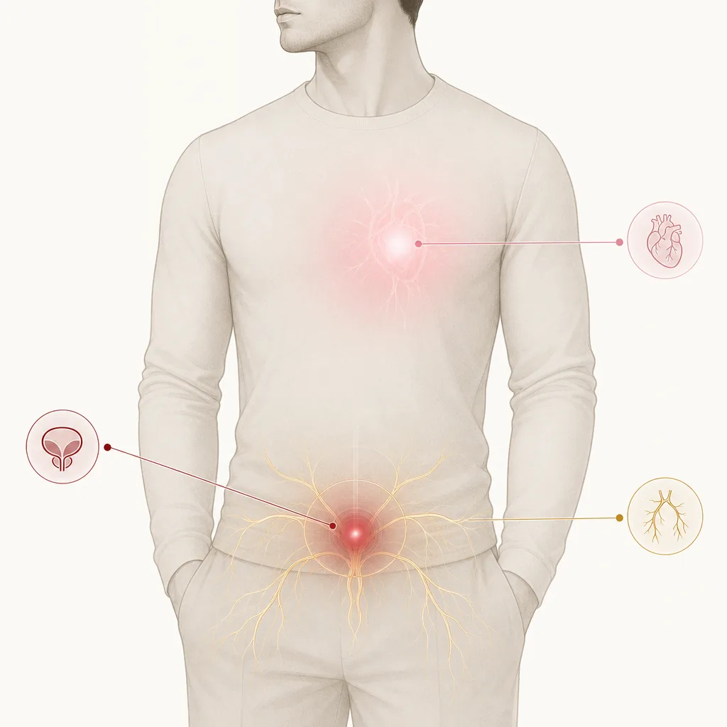 Ilustración estilizada de los tres ejes de acción de Eroforce — aphrodisíaco SNC con Muira puama y Catuaba, restauración hormonal con Testofen y Ashwagandha KSM-66, y protección testicular adaptógena con Schisandra chinensis