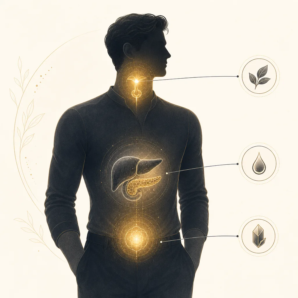 Ilustración estilizada de los tres ejes anti-aging de Eronex — restauración hormonal testosterona libre con Tongkat Ali y Mucuna, función eréctil PDE5 natural con Epimedium y Pycnogenol, y vitalidad celular adaptógena con Cordyceps y Saffron Affron