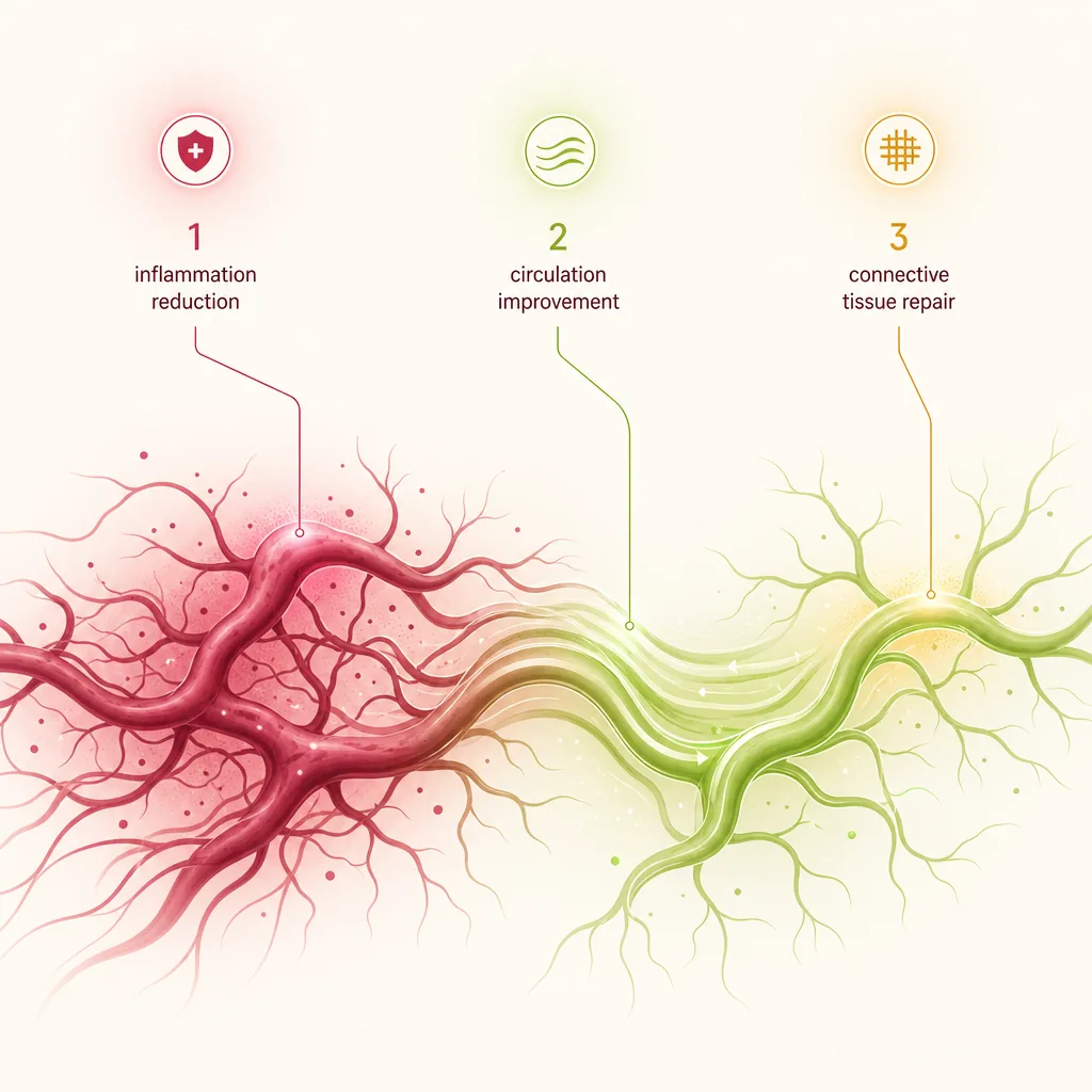 Ilustración estilizada de los tres ejes de acción de Hemoliv+ sobre la salud venosa — aumento del tono venoso con MPFF y rusco, reducción de edema con castaño de Indias y vid roja, y reparación de tejido conectivo con centella asiática