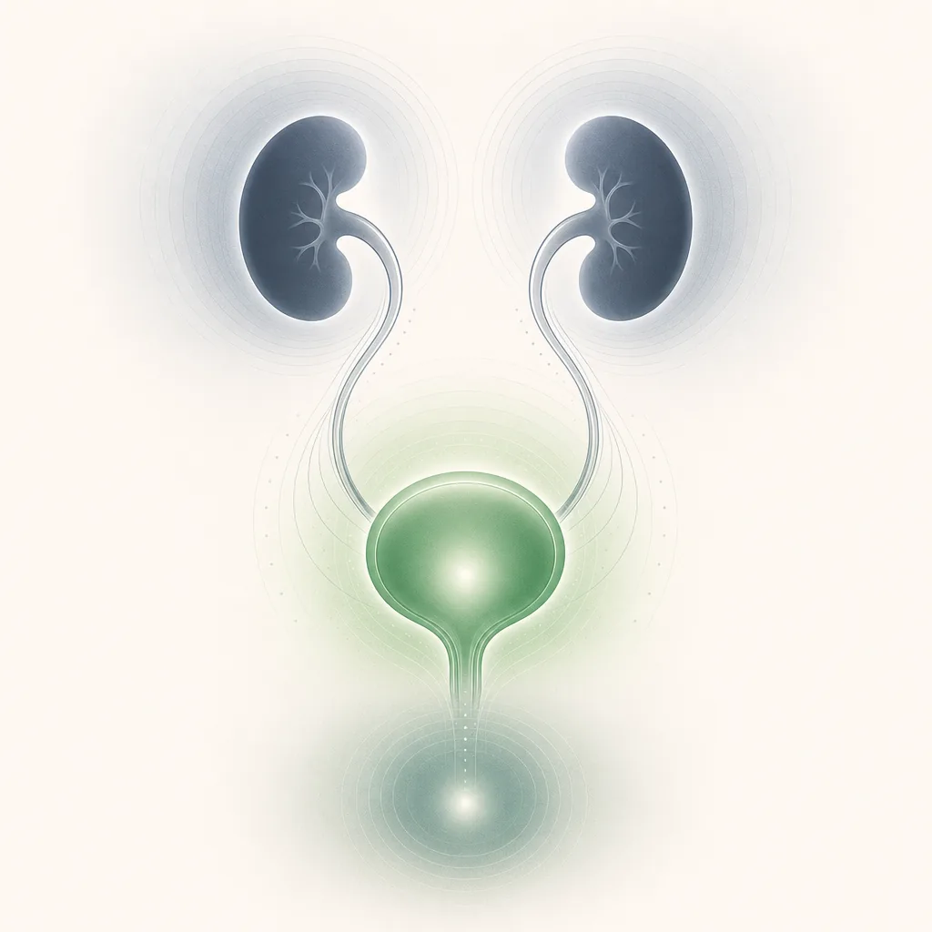 Ilustración estilizada de los tres ejes preventivos de acción de Prostix — fitoesteroles prostáticos con Pygeum y Cernilton, antiadherencia bacteriana urinaria con cranberry PACs, y soporte inmuno-antioxidante con selenio y vitamina D3