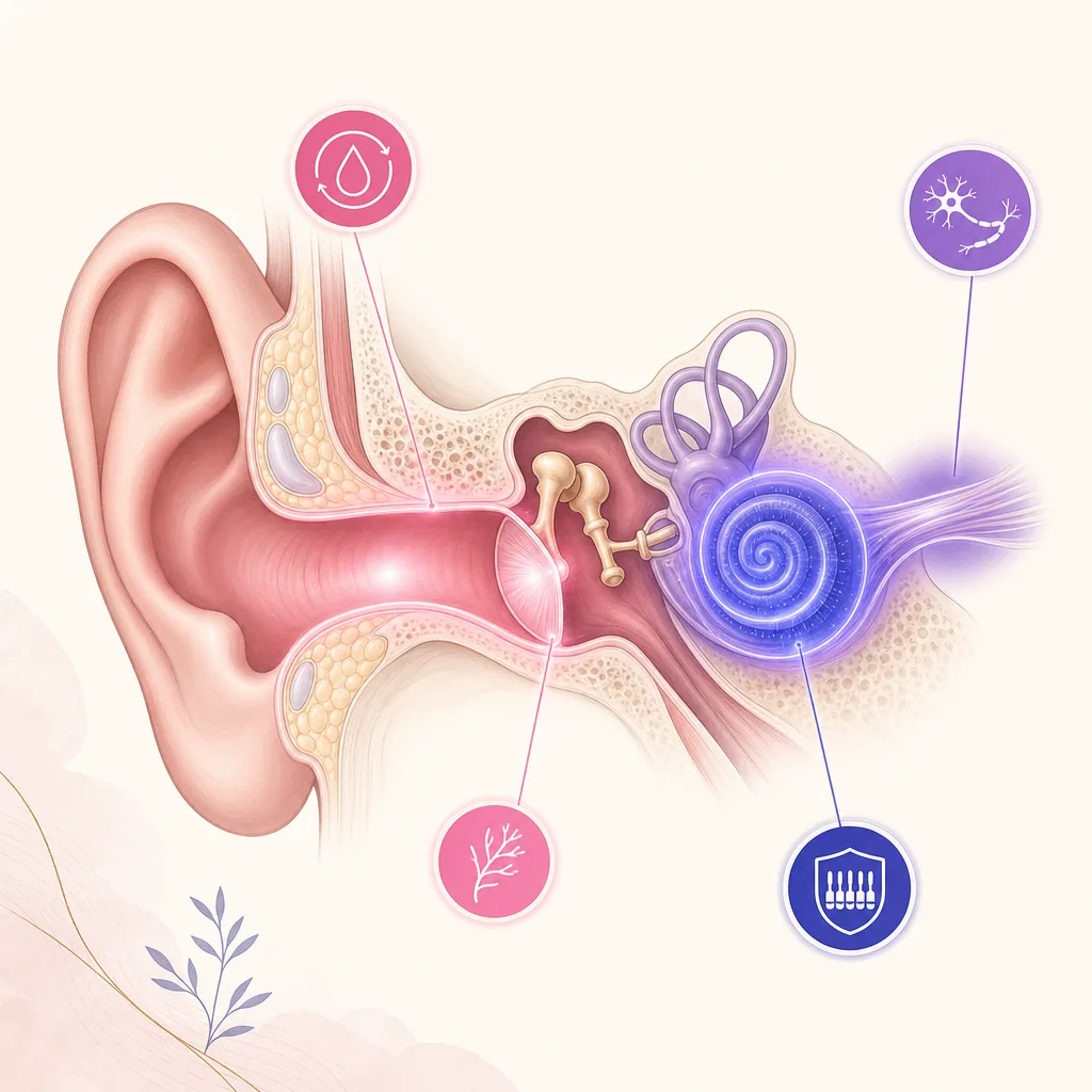 Ilustración estilizada de los tres ejes de acción de Sonarel sobre el oído — microcirculación coclear con Ginkgo y vinpocetina, protección antioxidante con NAC y zinc, y apoyo al nervio auditivo con B12 metilcobalamina
