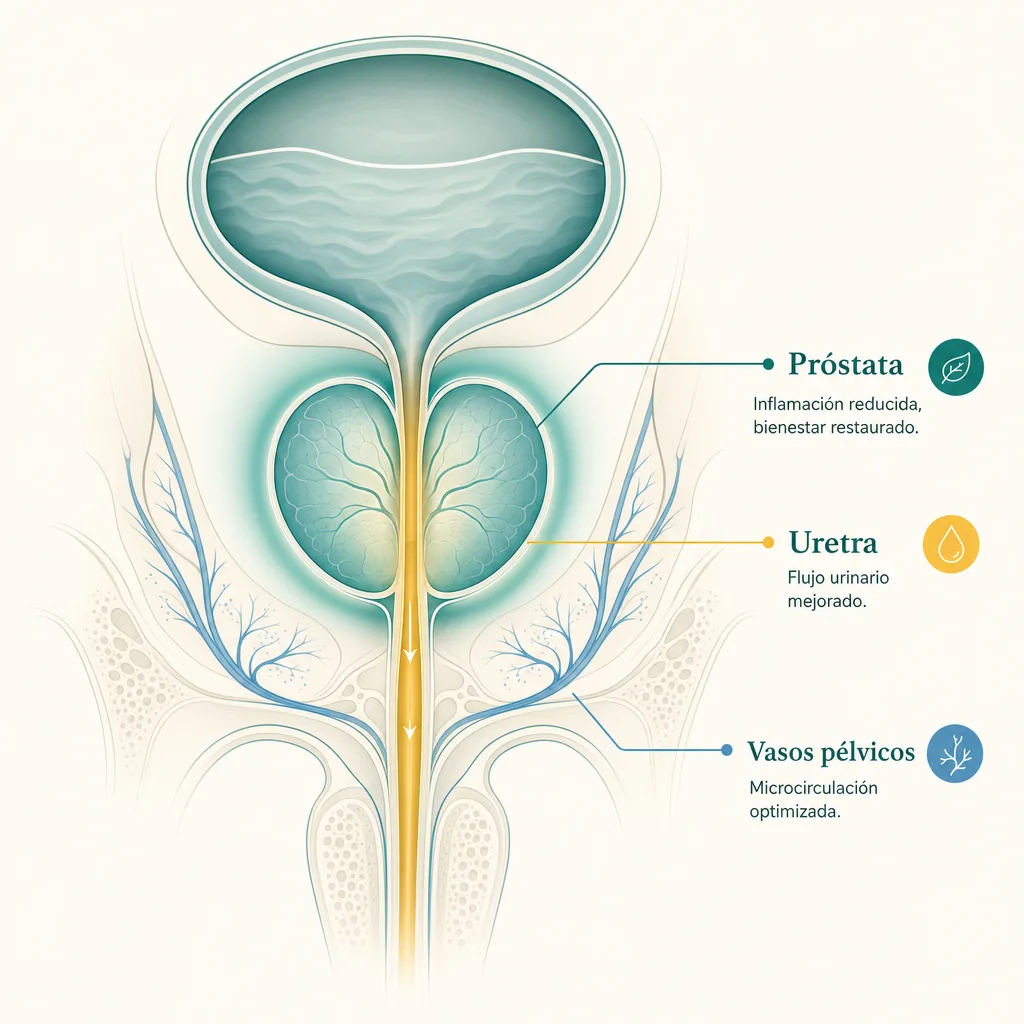 Ilustración estilizada de los tres ejes de acción de UroCore — inhibición de 5α-reductasa prostática, regeneración del epitelio glandular con trio aminoácido, y restauración antioxidante con zinc