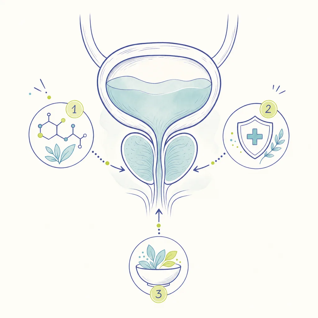 Ilustración estilizada de la anatomía del sistema urinario masculino, mostrando vejiga y próstata con los tres ejes de acción de UroDoc
