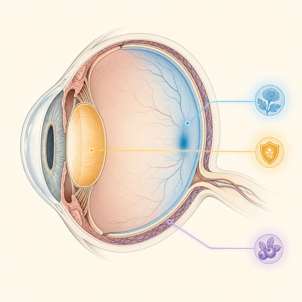 Ilustración estilizada de los tres ejes de acción de Visionix sobre el ojo — saturación del pigmento macular con luteína y zeaxantina, microcirculación coroidea con antocianinas de bilberry, y protección antioxidante con astaxantina